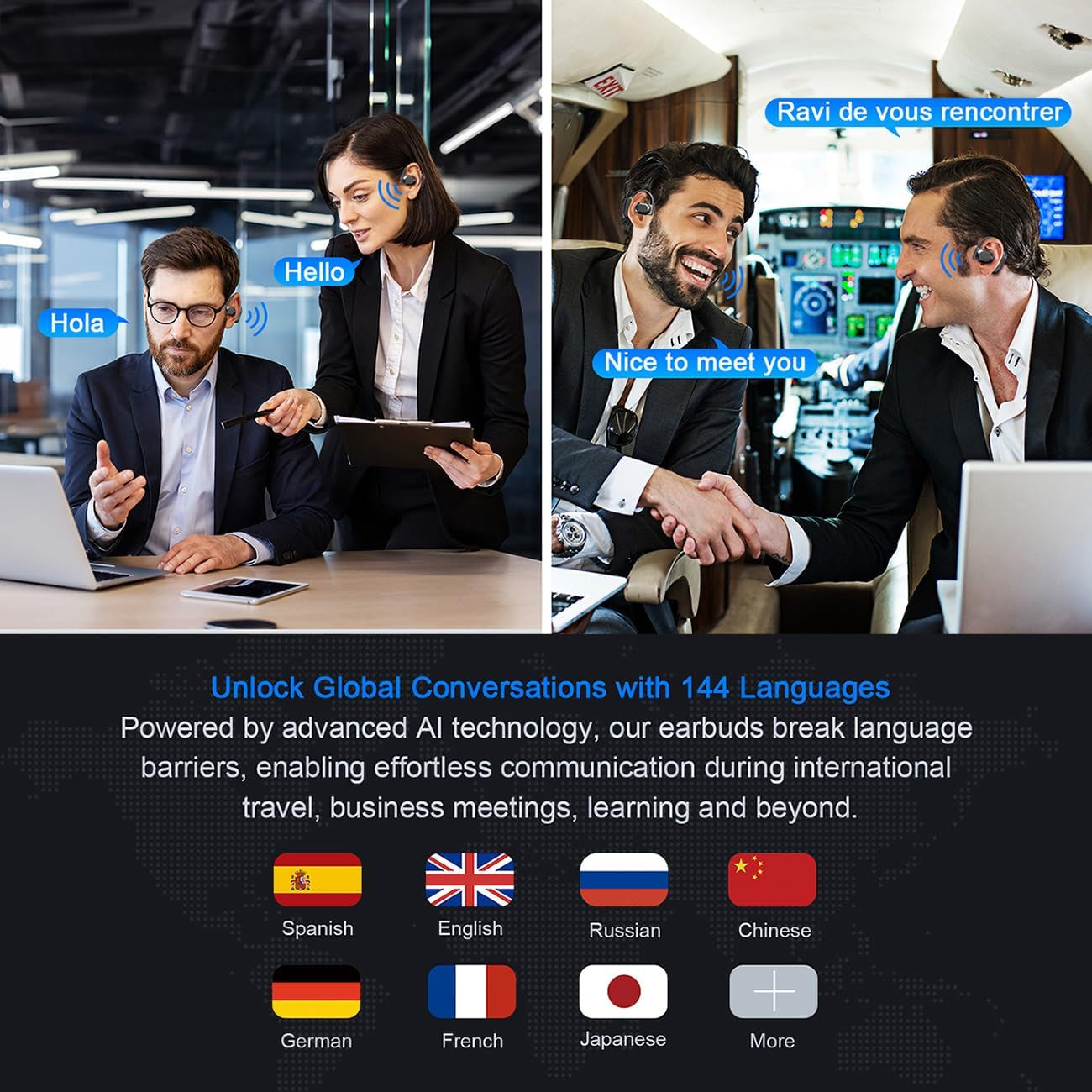 AI Translation Earbuds Real Time, 144 Language Translator Earbuds for Iphone and Android 3-In-1 Translation Headphones Translating Device for Travel Business Learning with Charging Case(Black)