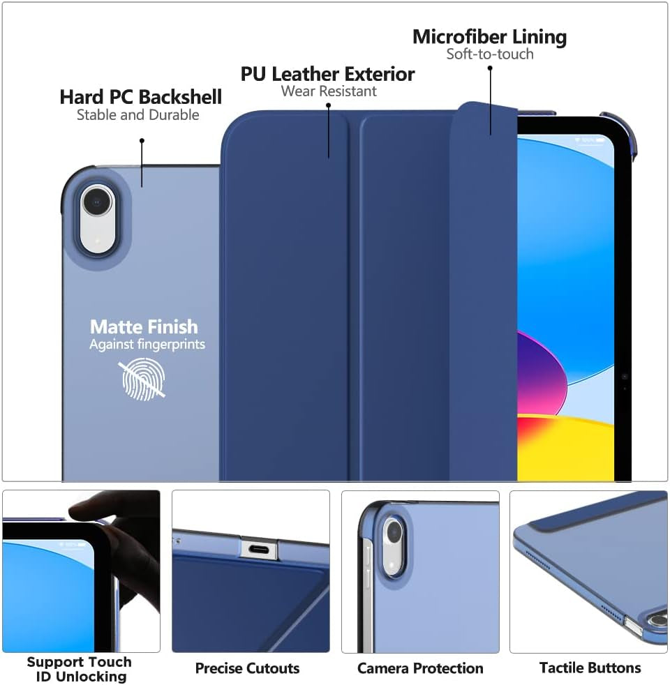 Case for Ipad (A16) 11Th Generation 11 Inch 2025, Ipad 10Th Generation 10.9 Inch 2022, Slim Stand Protective Cover with Hard PC Translucent Back Shell Cover, Support Touch ID, Navy Blue