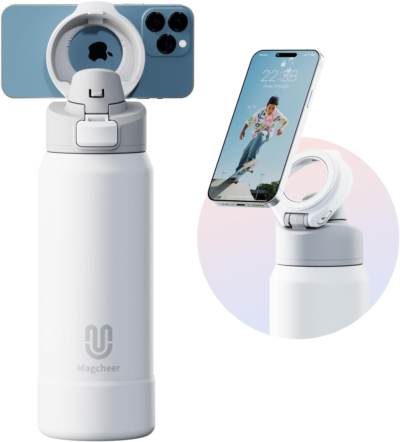 24oz Insulated Stainless Steel Water Bottle – MagSafe-Compatible Phone Holder, Leakproof & Reusable, Keeps Drinks Cold 24 Hrs – White – Ideal for Gym, Sports, Travel