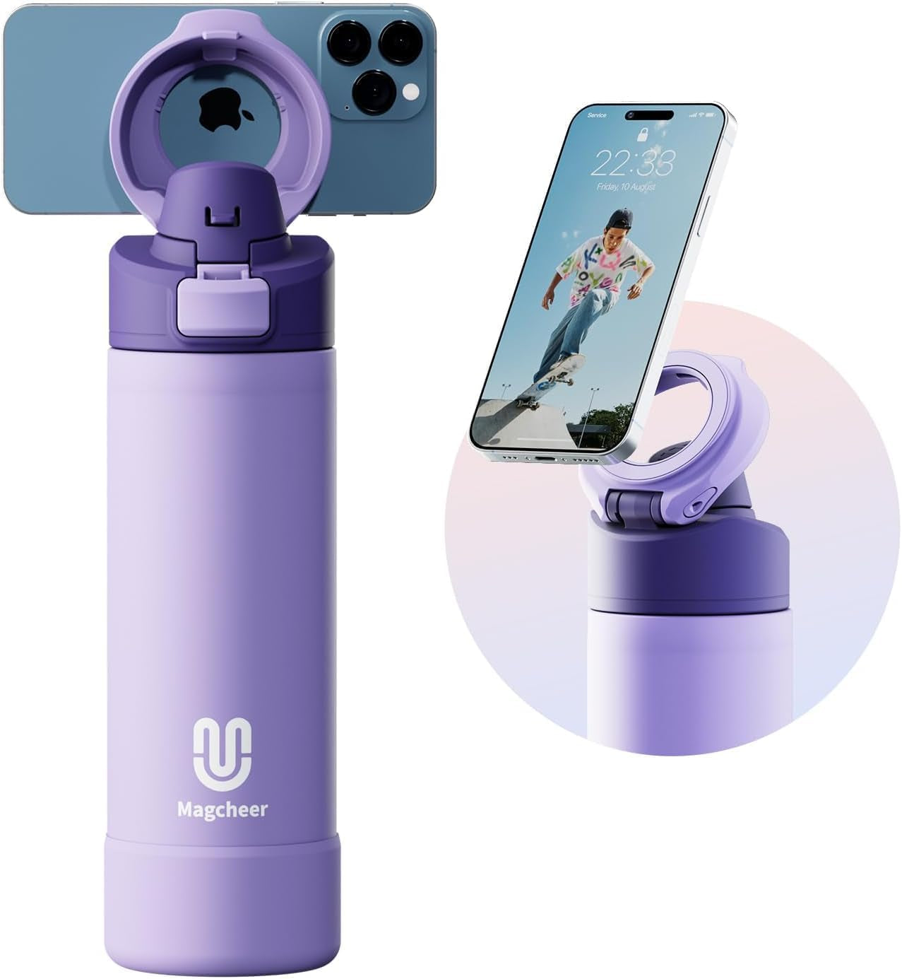 24oz Insulated Stainless Steel Water Bottle – MagSafe-Compatible Phone Holder, Leakproof & Reusable, Keeps Drinks Cold 24 Hrs – White – Ideal for Gym, Sports, Travel