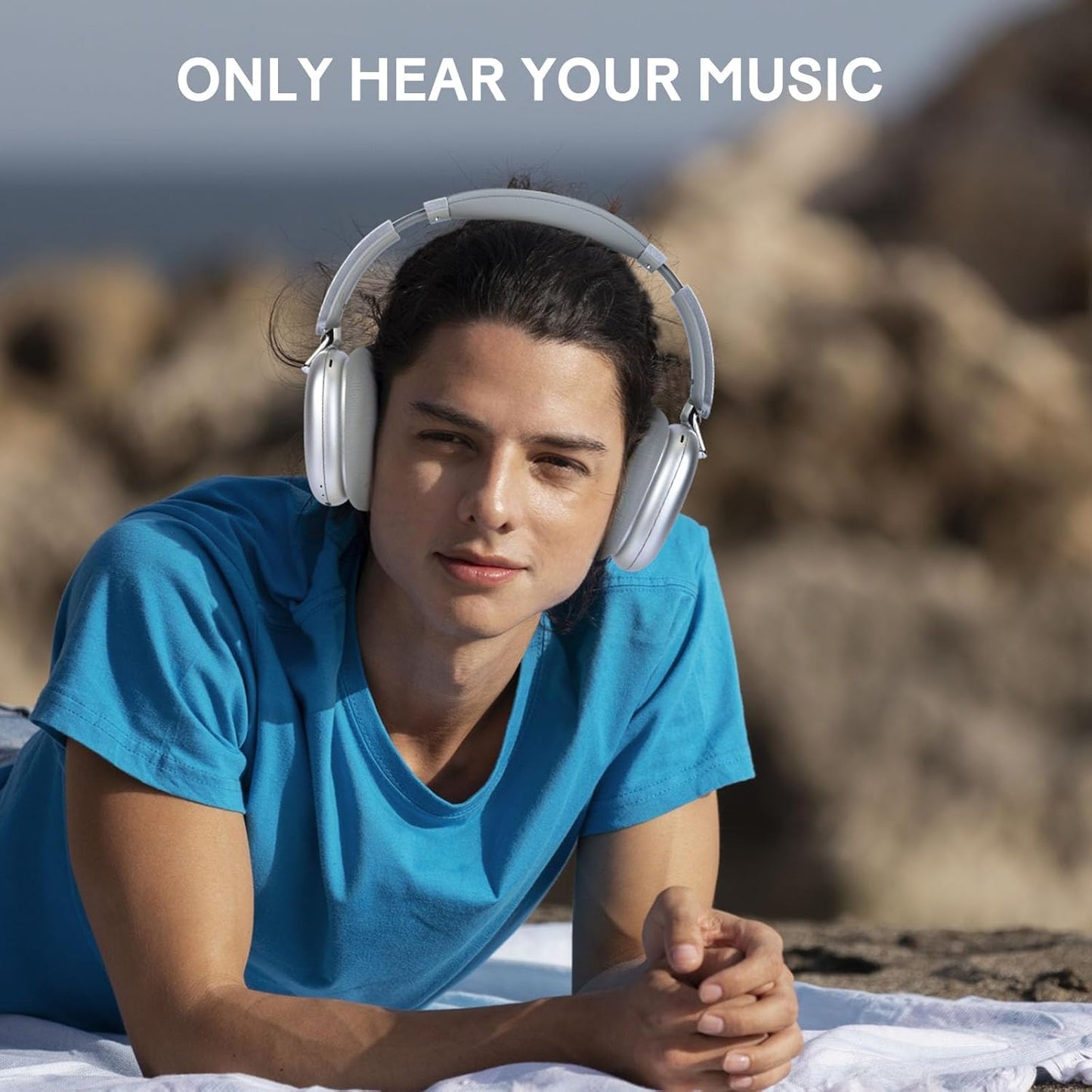 Silver C6 Active Noise Cancelling Wireless Over the Ear Bluetooth Headphones, 60H Playtime, Lightweight Folding Deep Bass Comfort Fitted Ear Cups Headset with Mic for Ipad/Travel/Pc/Home/gym