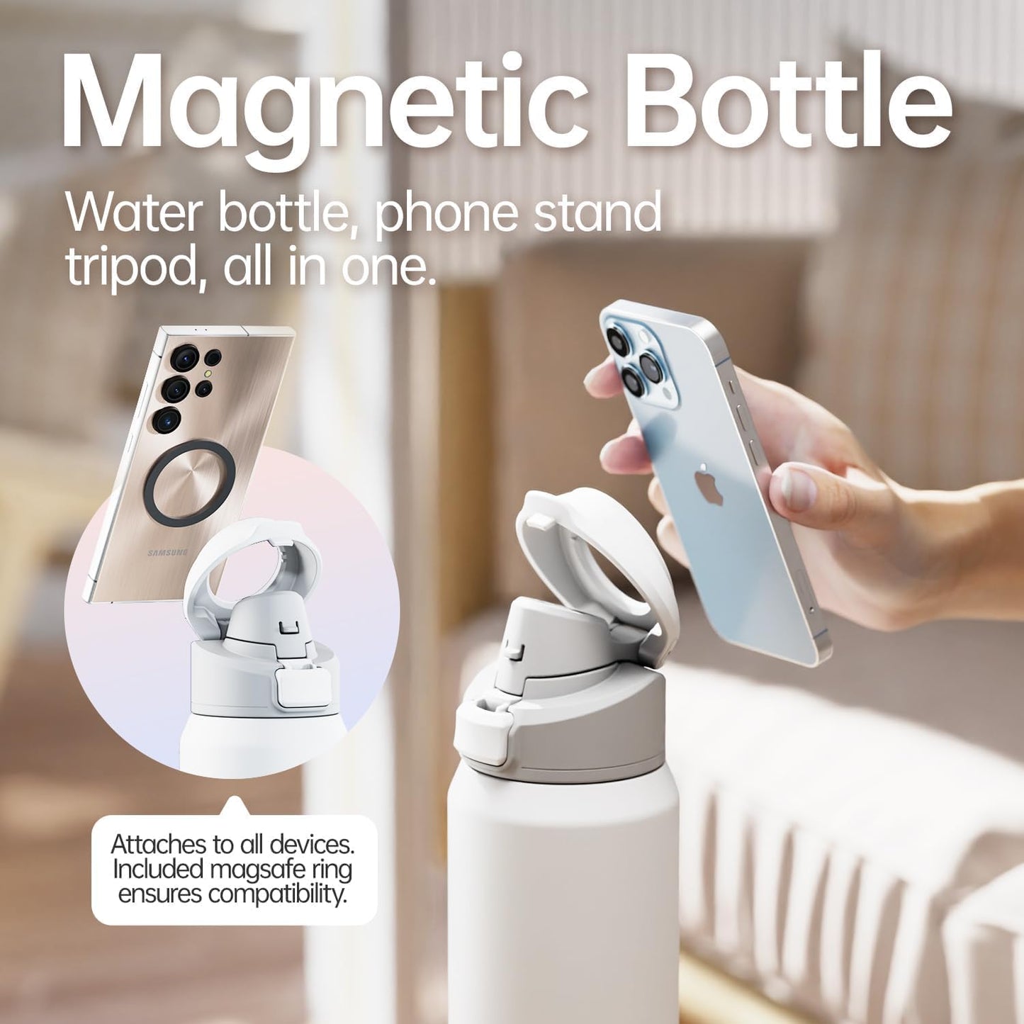 24oz Insulated Stainless Steel Water Bottle – MagSafe-Compatible Phone Holder, Leakproof & Reusable, Keeps Drinks Cold 24 Hrs – White – Ideal for Gym, Sports, Travel