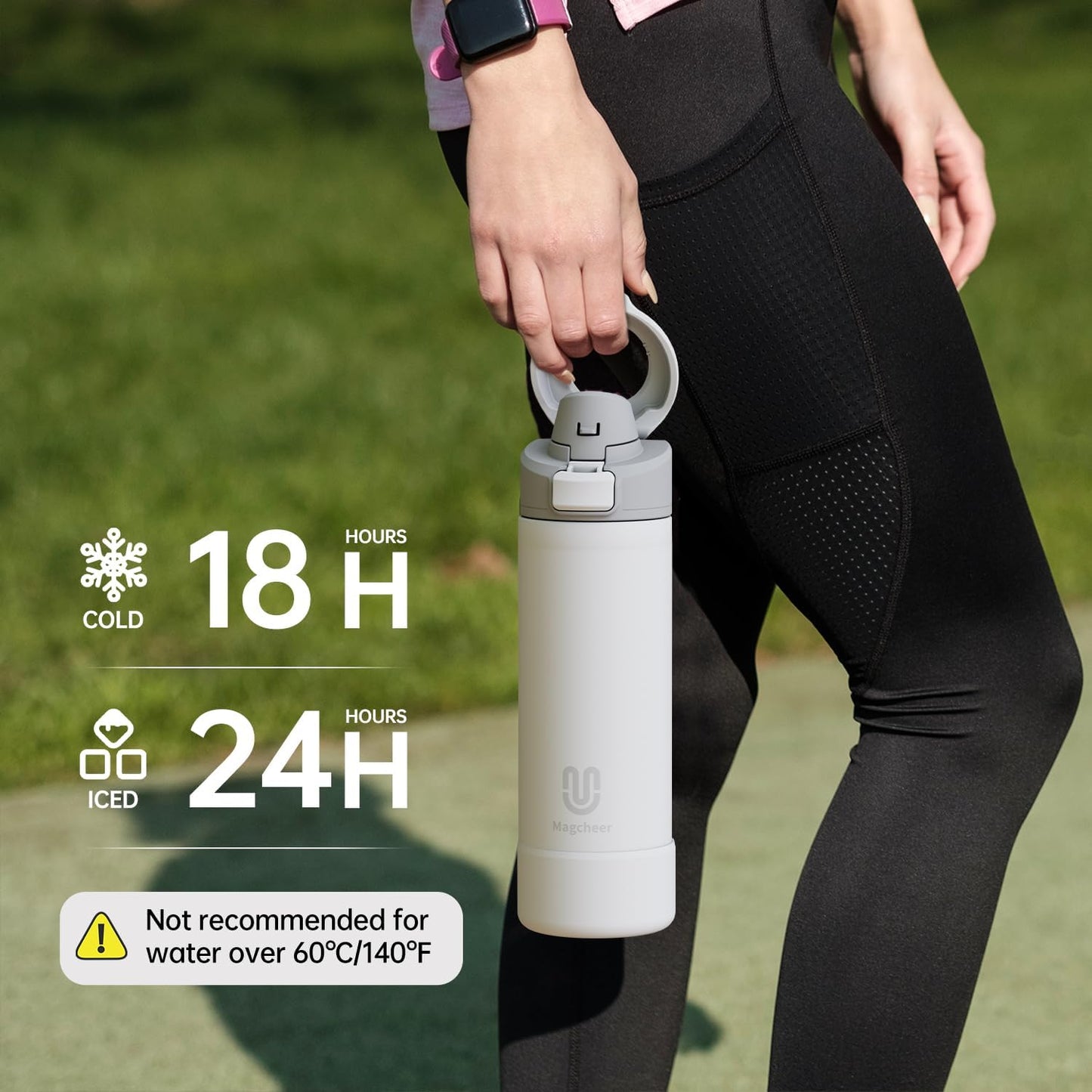 24oz Insulated Stainless Steel Water Bottle – MagSafe-Compatible Phone Holder, Leakproof & Reusable, Keeps Drinks Cold 24 Hrs – White – Ideal for Gym, Sports, Travel