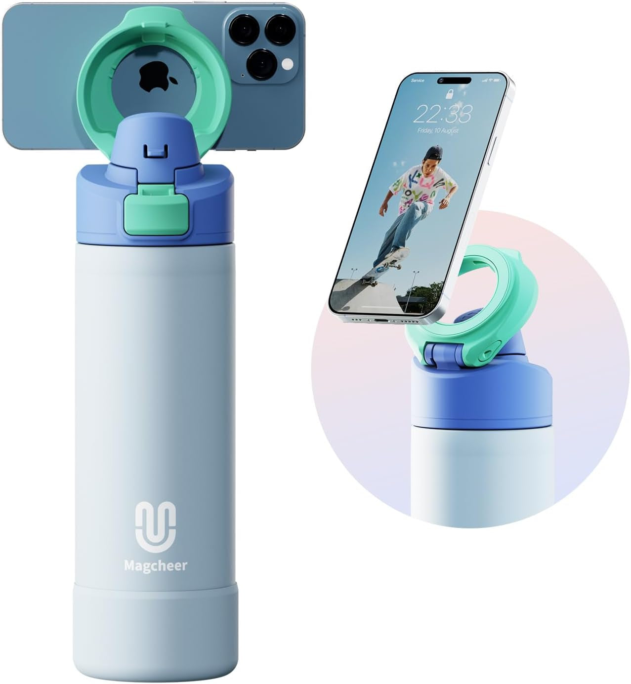 24oz Insulated Stainless Steel Water Bottle – MagSafe-Compatible Phone Holder, Leakproof & Reusable, Keeps Drinks Cold 24 Hrs – White – Ideal for Gym, Sports, Travel