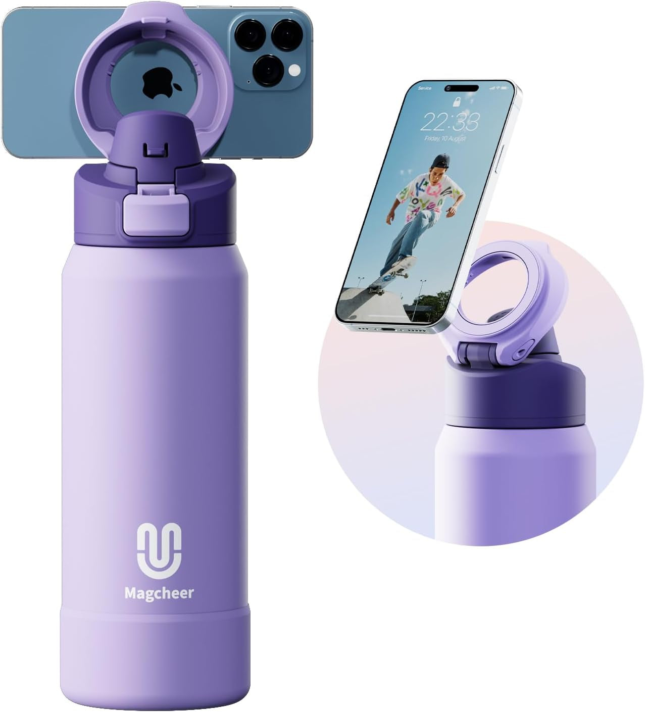 24oz Insulated Stainless Steel Water Bottle – MagSafe-Compatible Phone Holder, Leakproof & Reusable, Keeps Drinks Cold 24 Hrs – White – Ideal for Gym, Sports, Travel