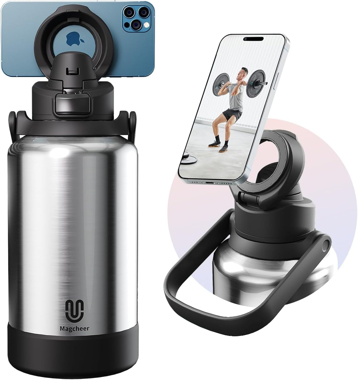 24oz Insulated Stainless Steel Water Bottle – MagSafe-Compatible Phone Holder, Leakproof & Reusable, Keeps Drinks Cold 24 Hrs – White – Ideal for Gym, Sports, Travel