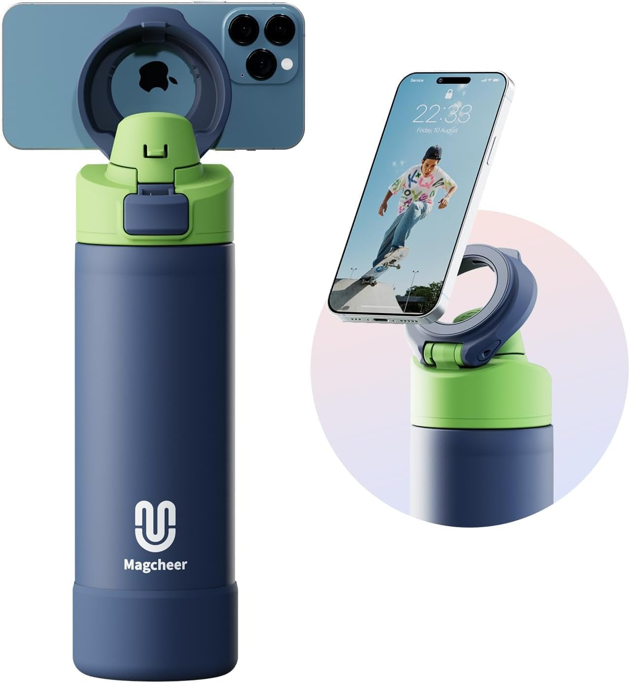 24oz Insulated Stainless Steel Water Bottle – MagSafe-Compatible Phone Holder, Leakproof & Reusable, Keeps Drinks Cold 24 Hrs – White – Ideal for Gym, Sports, Travel