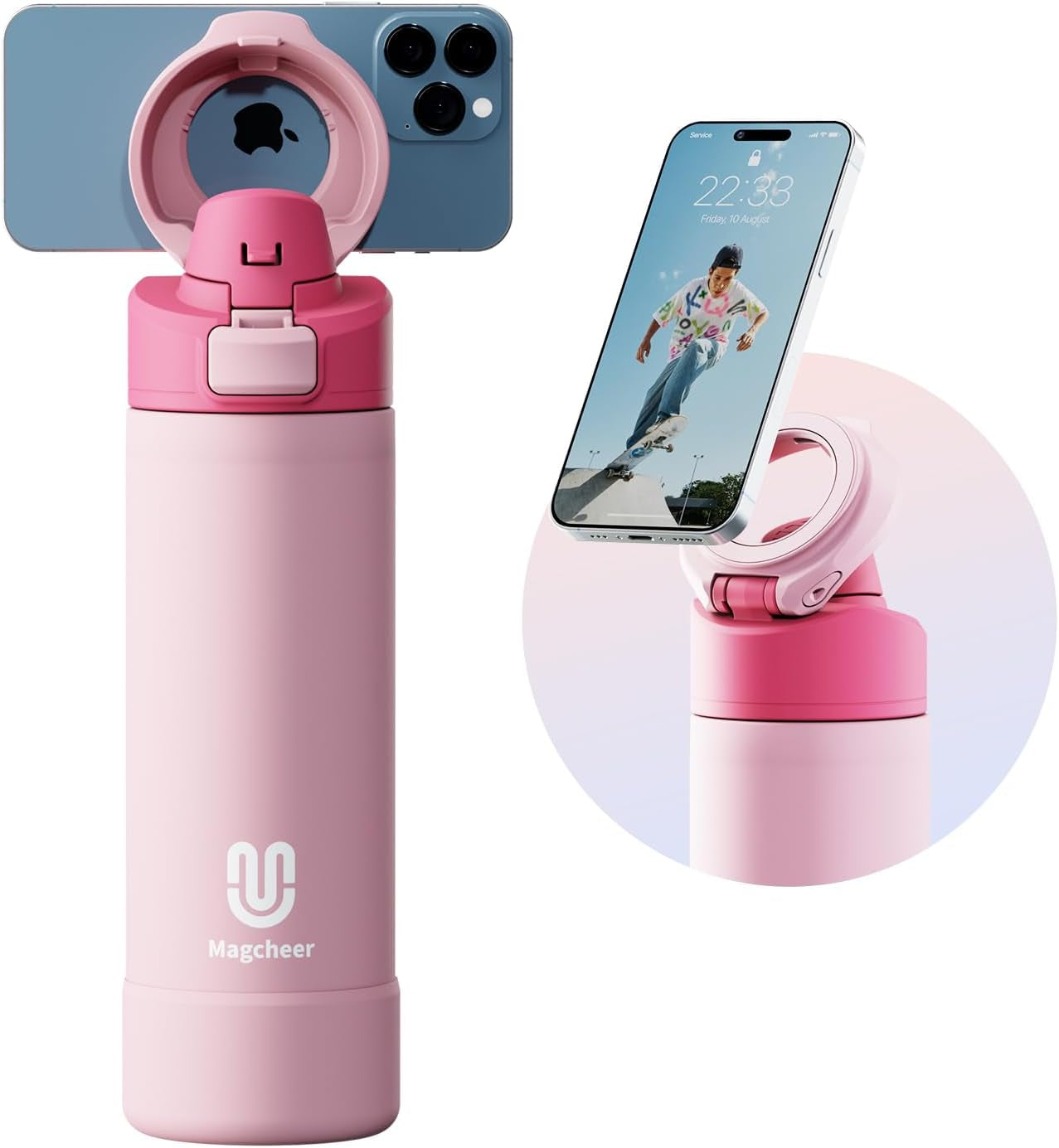 24oz Insulated Stainless Steel Water Bottle – MagSafe-Compatible Phone Holder, Leakproof & Reusable, Keeps Drinks Cold 24 Hrs – White – Ideal for Gym, Sports, Travel