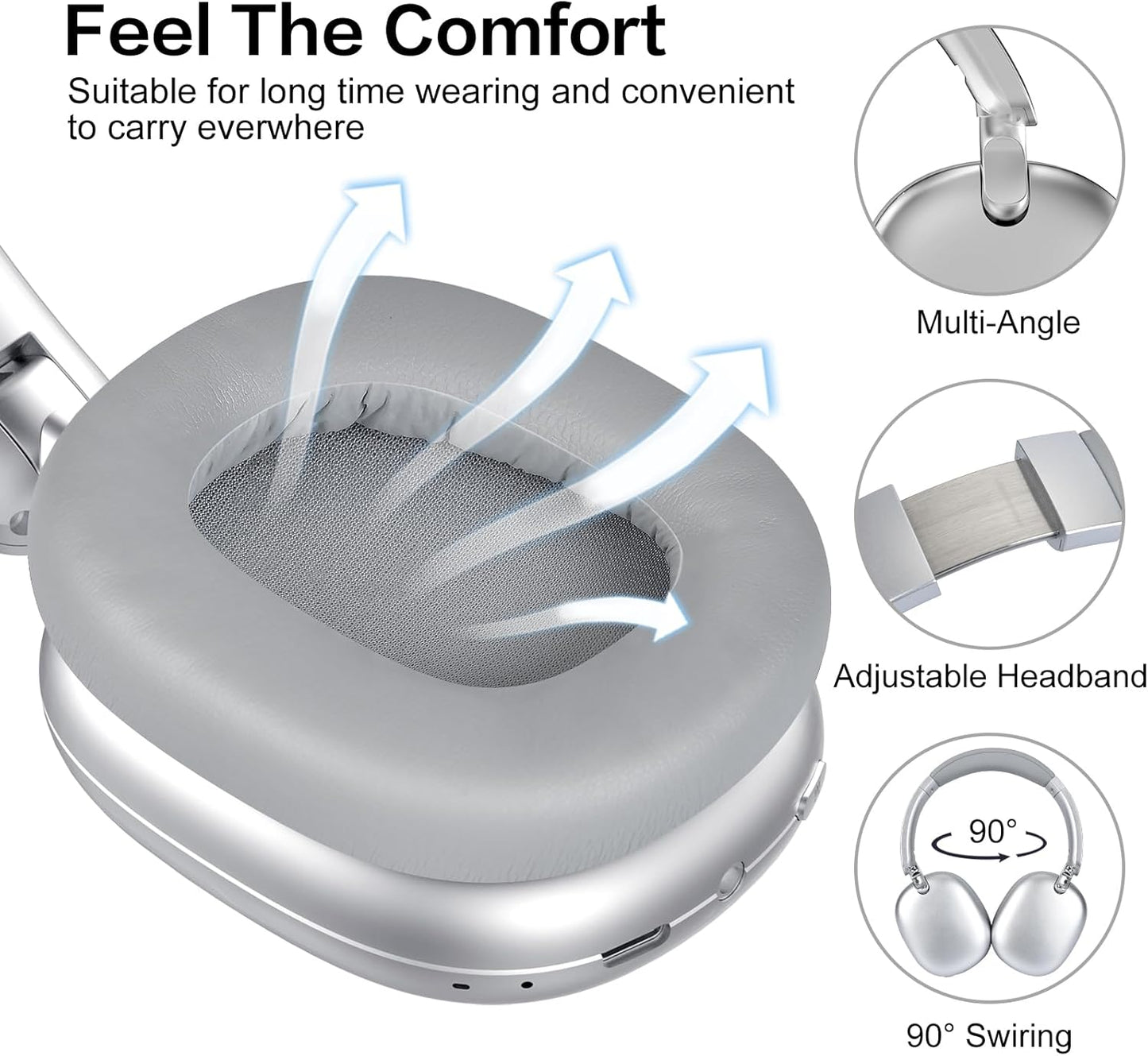 Silver C6 Active Noise Cancelling Wireless Over the Ear Bluetooth Headphones, 60H Playtime, Lightweight Folding Deep Bass Comfort Fitted Ear Cups Headset with Mic for Ipad/Travel/Pc/Home/gym