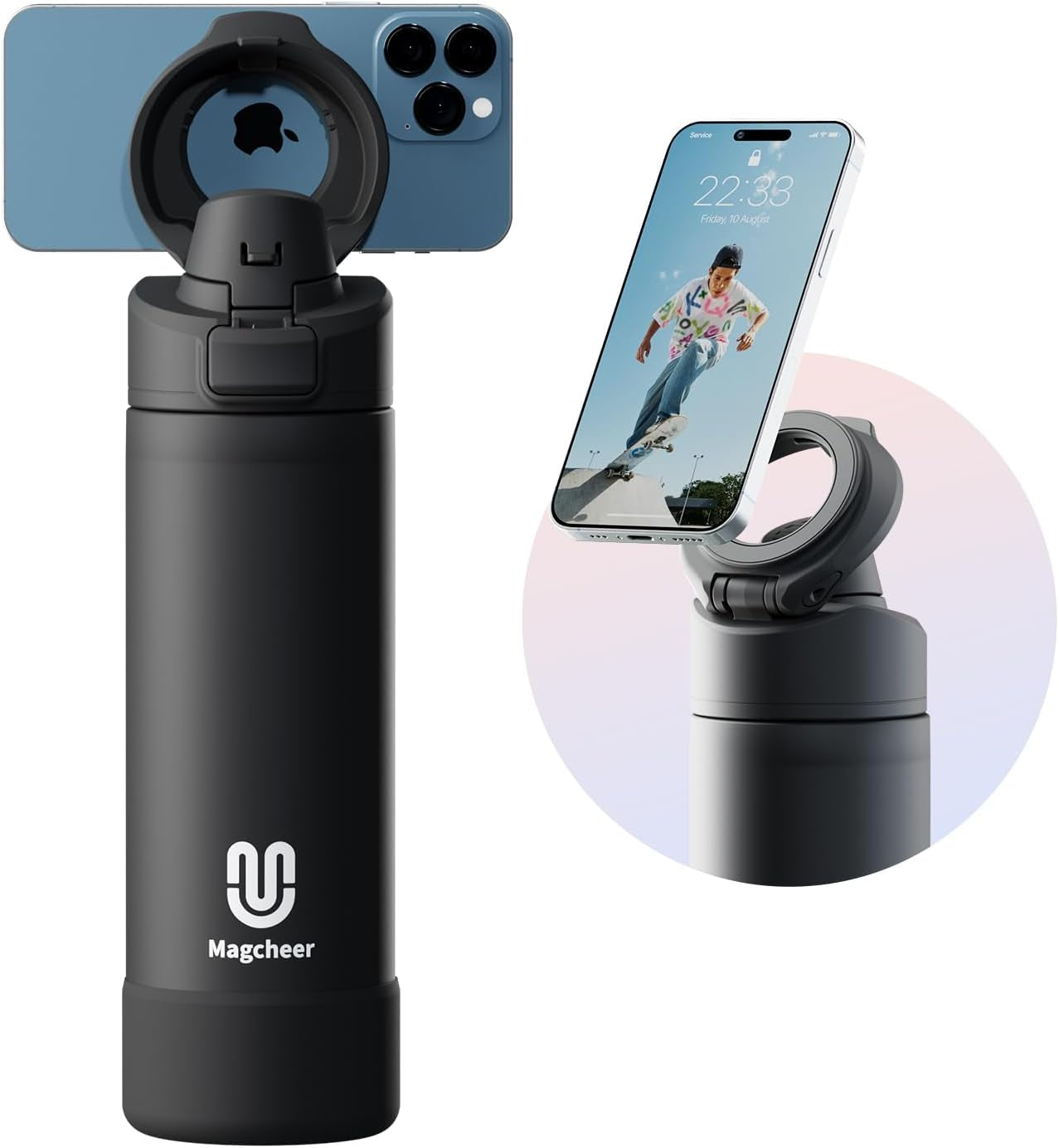 24oz Insulated Stainless Steel Water Bottle – MagSafe-Compatible Phone Holder, Leakproof & Reusable, Keeps Drinks Cold 24 Hrs – White – Ideal for Gym, Sports, Travel