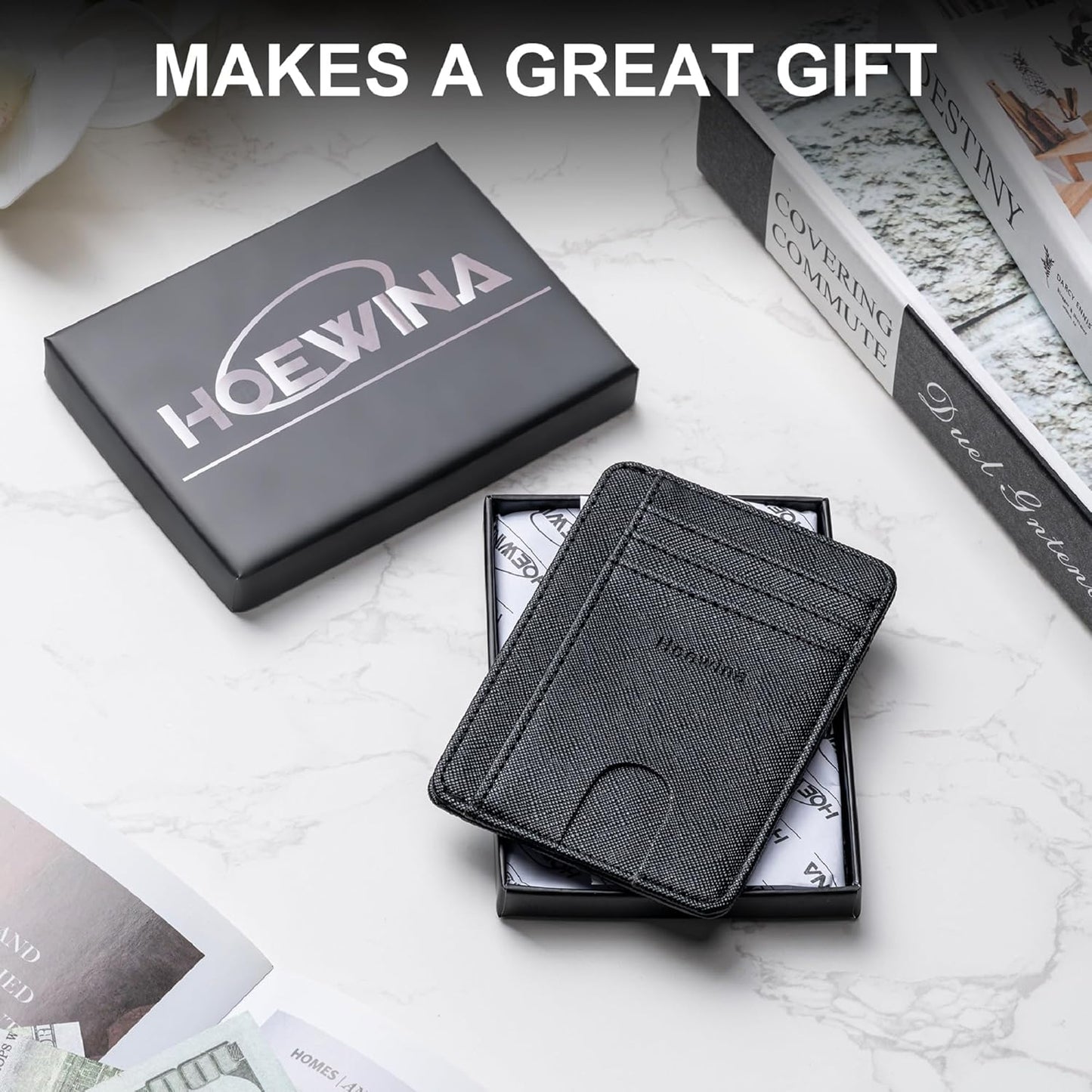 Men’s Slim Leather Wallet – RFID Blocking Minimalist Card Holder for Front Pocket (Cross Black)