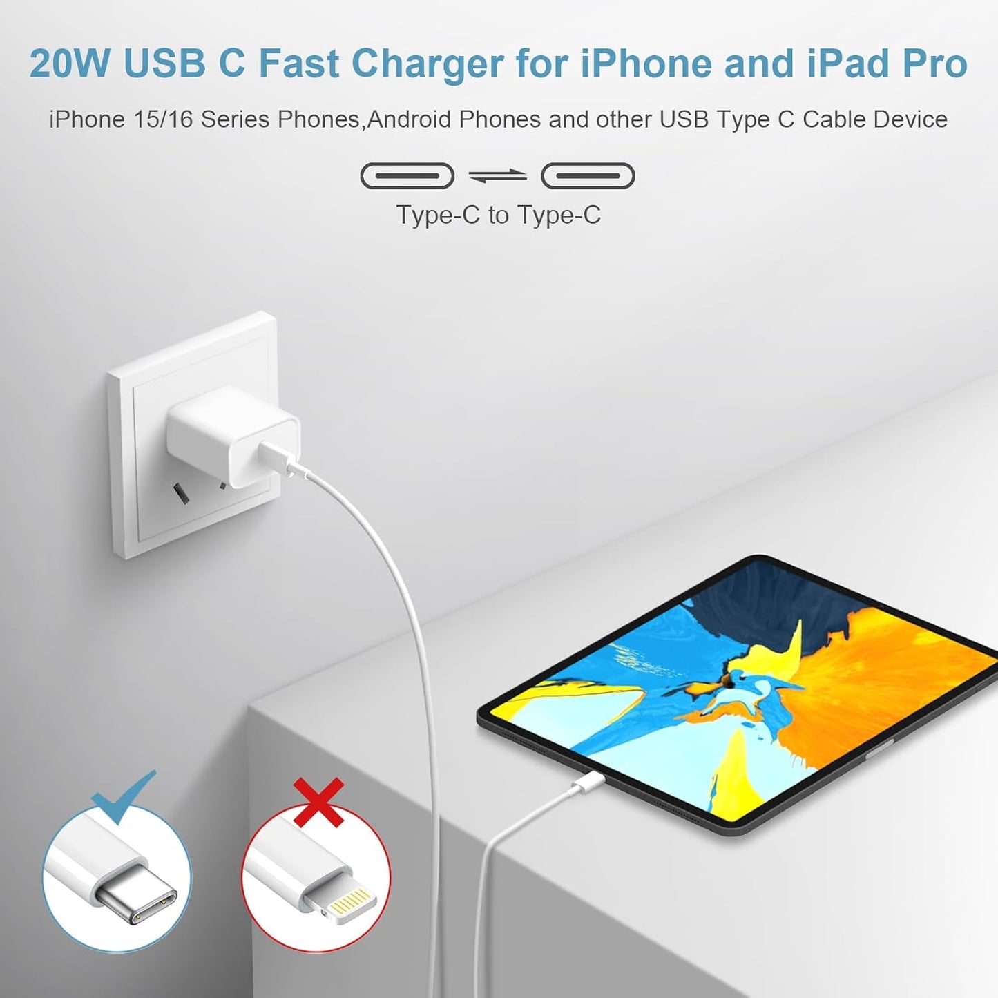 Iphone 16 15 Charger Fast Charging Type C Chargers USB C Charger Block Iphone 16 Chargers with 2 Pack 6FT Cable for Iphone 16/16 Plus/16 Pro/16 Pro Max/Iphone 15/15 Pro Max/Ipad Pro/Airpods