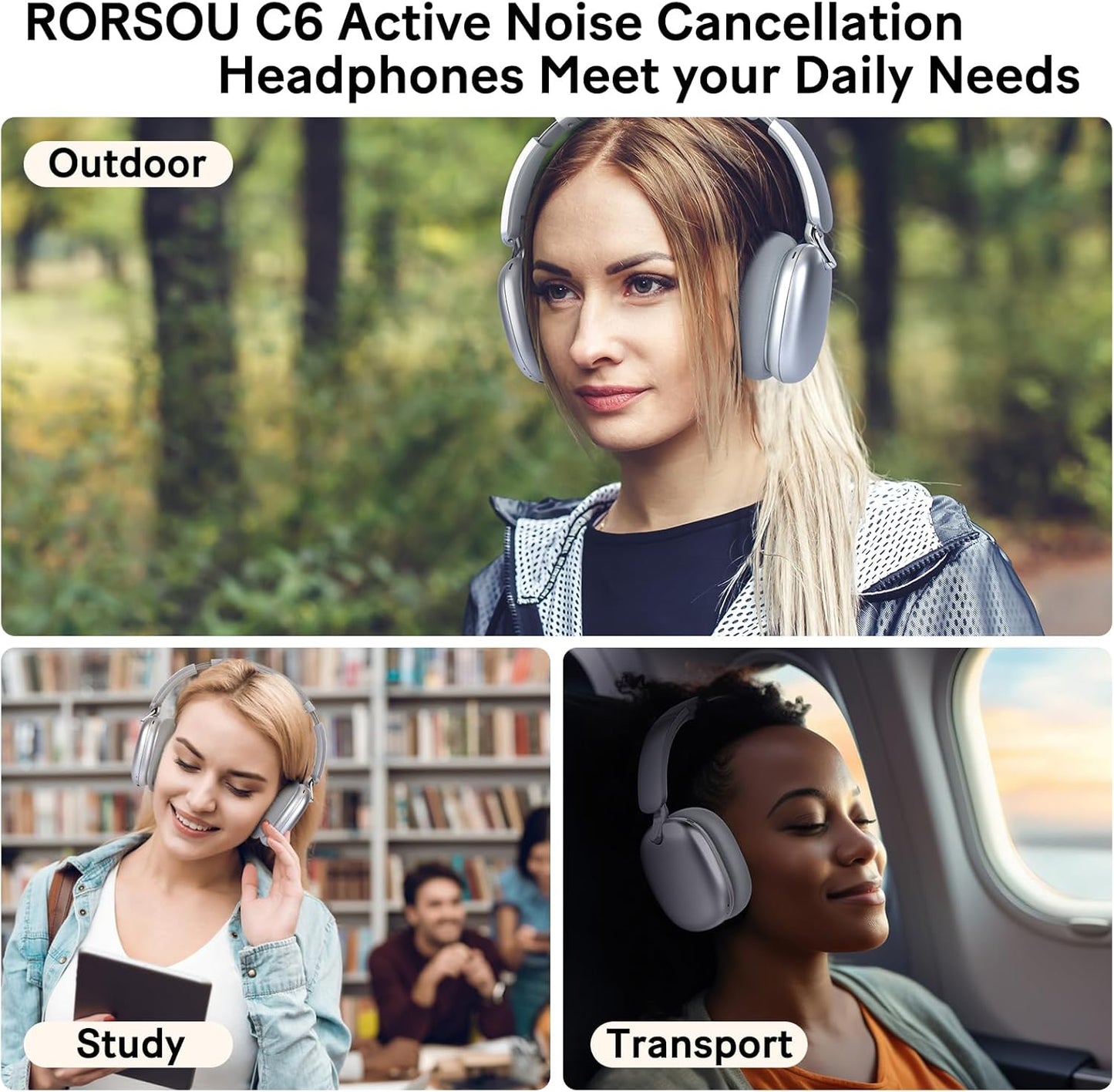Silver C6 Active Noise Cancelling Wireless Over the Ear Bluetooth Headphones, 60H Playtime, Lightweight Folding Deep Bass Comfort Fitted Ear Cups Headset with Mic for Ipad/Travel/Pc/Home/gym