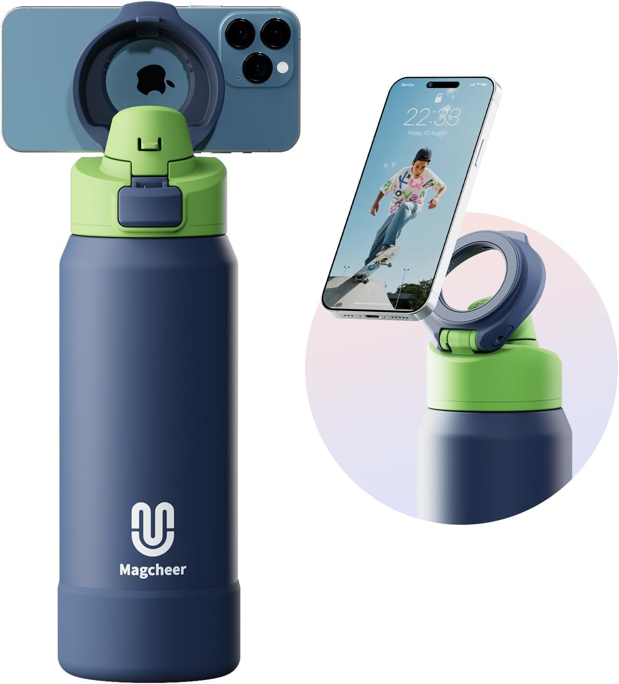 24oz Insulated Stainless Steel Water Bottle – MagSafe-Compatible Phone Holder, Leakproof & Reusable, Keeps Drinks Cold 24 Hrs – White – Ideal for Gym, Sports, Travel