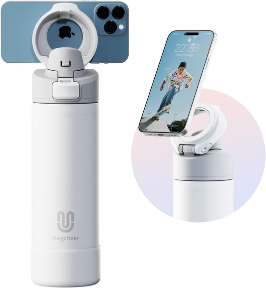 24oz Insulated Stainless Steel Water Bottle – MagSafe-Compatible Phone Holder, Leakproof & Reusable, Keeps Drinks Cold 24 Hrs – White – Ideal for Gym, Sports, Travel