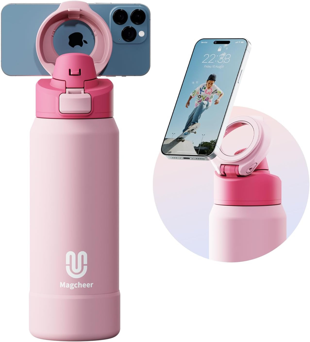 24oz Insulated Stainless Steel Water Bottle – MagSafe-Compatible Phone Holder, Leakproof & Reusable, Keeps Drinks Cold 24 Hrs – White – Ideal for Gym, Sports, Travel