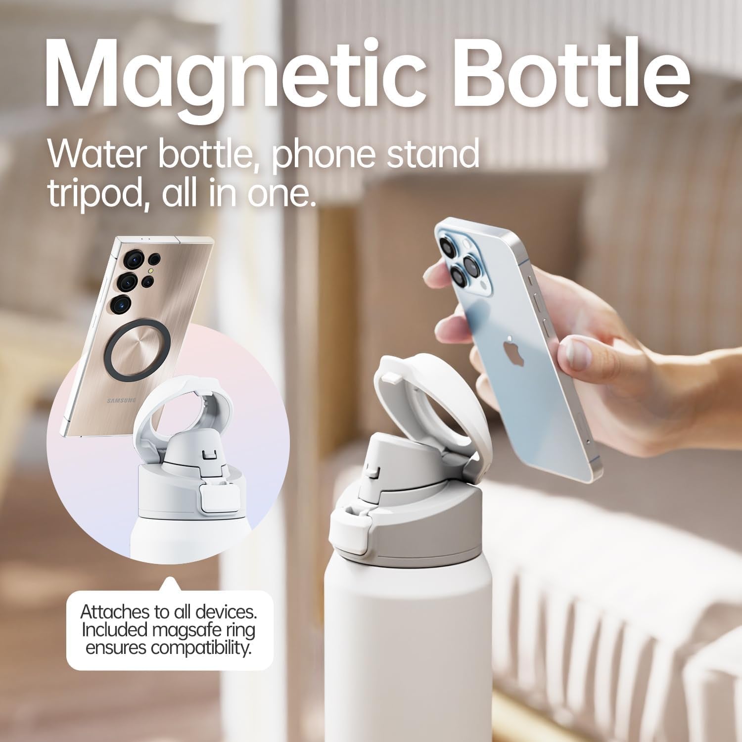 24oz Insulated Stainless Steel Water Bottle – MagSafe-Compatible Phone Holder, Leakproof & Reusable, Keeps Drinks Cold 24 Hrs – White – Ideal for Gym, Sports, Travel