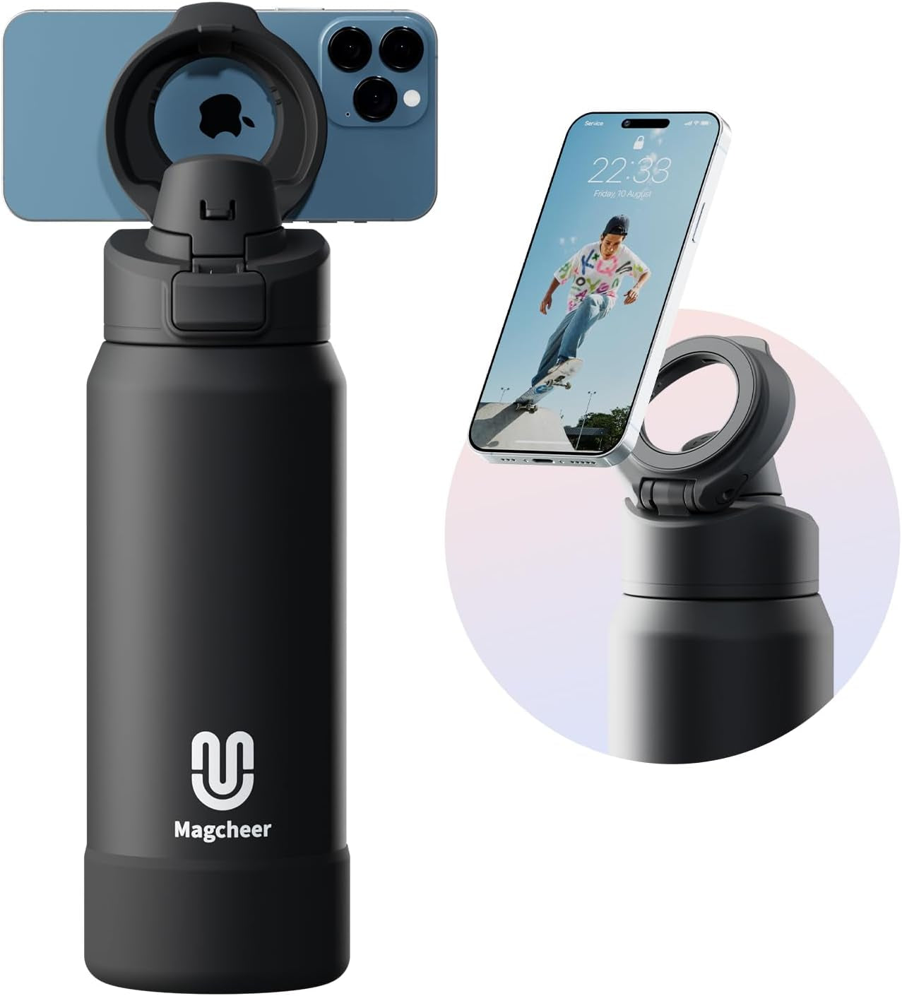 24oz Insulated Stainless Steel Water Bottle – MagSafe-Compatible Phone Holder, Leakproof & Reusable, Keeps Drinks Cold 24 Hrs – White – Ideal for Gym, Sports, Travel