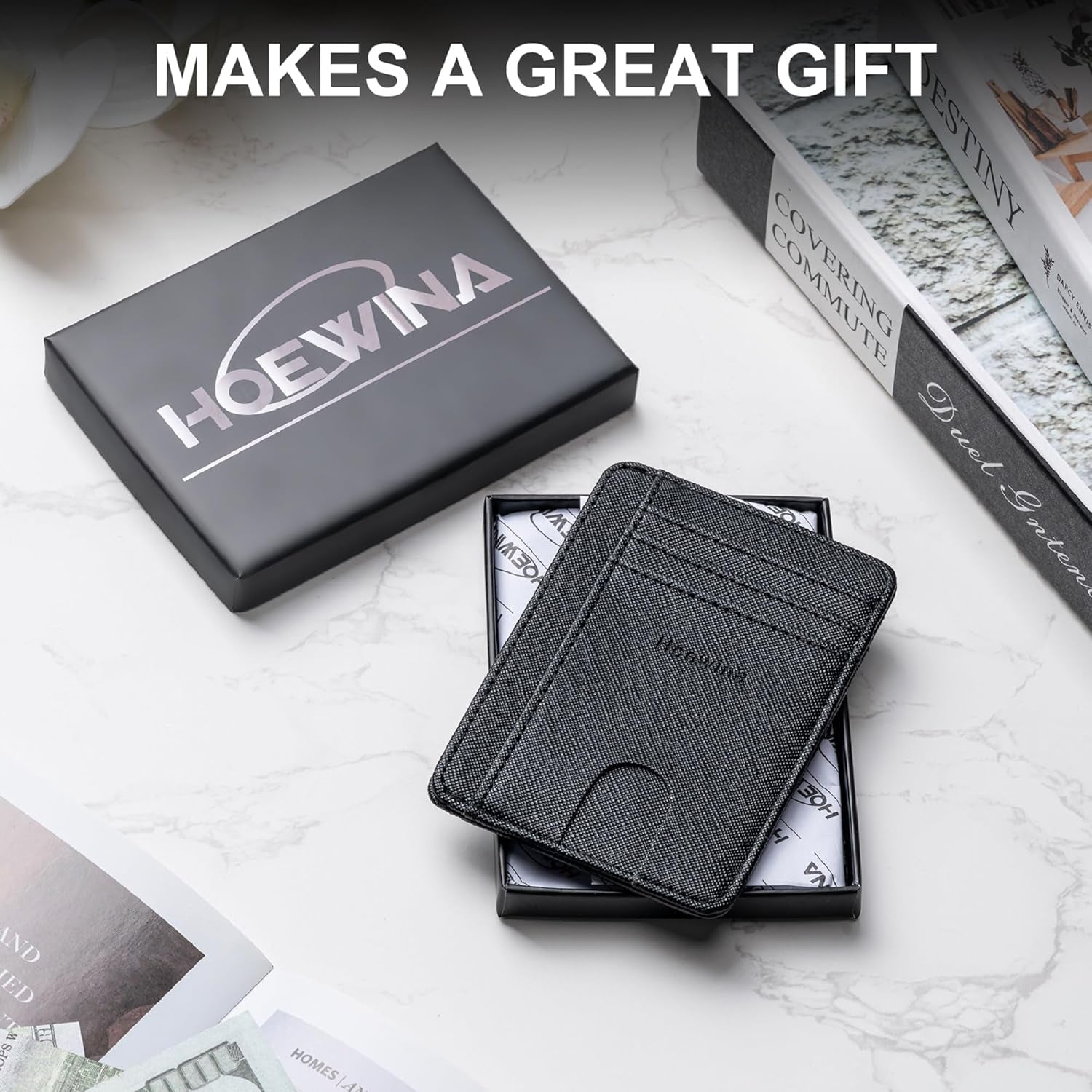 Men’s Slim Leather Wallet – RFID Blocking Minimalist Card Holder for Front Pocket (Cross Black)